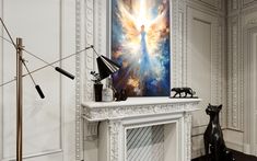 a white fireplace with an angel painting on the mantle and two black cats sitting next to it