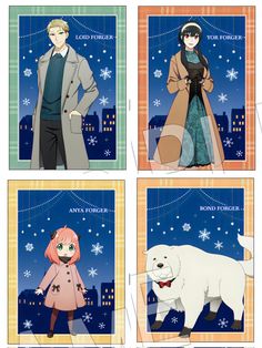 four different pictures of people and animals in winter clothes, with snowflakes on the background