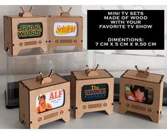 three cardboard tvs with different logos on them and the words star wars are displayed