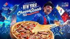 a man holding a giant pizza with toppings on it's face in front of a new york cheese steak advertisement