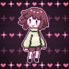 a girl with brown hair standing in front of hearts