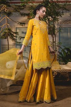 Buy Surbhi shah Yellow Marodi Embroidered Silk Kurta Sharara Set Online | Aza Fashions Yellow Raw Silk Palazzo Set With Dabka Work, Navratri Yellow Unstitched Suit With Resham Embroidery, Yellow Silk Salwar Kameez With Chikankari Embroidery, Yellow Silk Sharara With Dabka Work, Yellow Embroidered Slub Silk Unstitched Suit, Yellow Embroidered Raw Silk Sharara, Yellow Raw Silk Unstitched Suit For Eid, Yellow Slub Silk Unstitched Suit For Festive Occasions, Yellow Silk Traditional Wear With Dabka Work