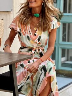 Elegant Deep V Neck Ruffle Party Dress Summer Casual Short Sleeve Tie-up Long Dress Women Fashion Print Boho Beach Dress Vestido V-neck Dresses For Summer Parties, Summer Maxi Dress With Ruffles For Summer Parties, Green Mini Dresses For Summer Parties, V-neck Ruffle Dress For Summer Parties, Chic Short Sleeve Maxi Dress For Beach Season, V-neck Ruffled Dresses For Beach Season, Flirty Ruffled Maxi Dress For Summer, Flirty Backless Midi Dress For Summer, Ruffled Dresses For Summer Beach Parties