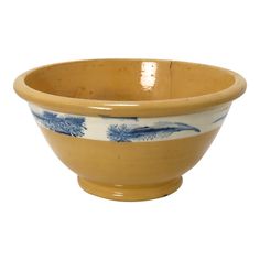 a yellow and blue bowl with an image of a bird on the side, sitting in front of a white background