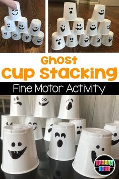 ghost cup stacking fine motor activity for kids to practice counting and number recognition skills