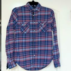 Ladies Button Down Flannel By Pd & C Slim Fit Plaid Pattern In Shades Of Blue And Violet Excellent Condition, Never Worn. Cheap Women's Blue Flannel Shirt, Vintage Blue Flannel Shirt With Button Closure, Blue Relaxed Fit Button-up Flannel Shirt, Cheap Blue Button-up Flannel Shirt, Retro Plaid Button-up Flannel Shirt, Womens Flannel Shirt, Plaid Pattern, Flannel Shirt, Shades Of Blue