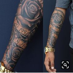 a man's arm with tattoos and gold bracelets on his left wrist, and another tattoo design on his right arm