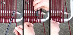 three pictures showing how to tie the handle on a chair with red yarn and scissors