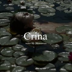 a woman floating in the water with lily pads on her stomach and head above it