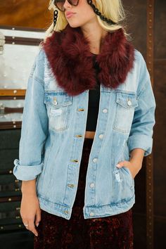 DISTRESSED DENIM JACKET WITH FUR JACKET Judith March Fall Denim Jacket With Faux Fur Trim, Trendy Denim Jacket With Faux Fur Trim For Fall, Trendy Fall Denim Jacket With Faux Fur Trim, Denim Jacket With Faux Fur Lining For Fall, Fall Denim Jacket With Faux Fur Lining, Trendy Spring Denim Jacket With Faux Fur Lining, Denim Jacket With Fur, Jacket With Fur, Distressed Denim Jacket