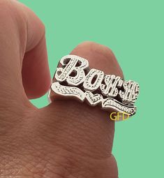 Boss Name ring in Gold, Silver or Two tone style is a perfect statement ring for you.  **COLOR** Gold and Rhodium overlay.( Silver accent, first letter) Rose over silver. Plain silver. 10k gold 14k gold **SIZES** From 3/4'' to 1 '' depends on the name. Name size is going to be adjusted accordingly by a ring size. I am able to do men sizes from US 7 to 13. Large size is $12 more.(Over size 14-15). HOW IS THE RING MADE? We use sterling silver .925 to create our beautiful rings for you. All our cus Word Rings, Gold Name Ring, Initial Rings, Word Ring, Name Ring, Name Rings, Initial Ring, Personalized Rings, Rings For Her