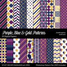 purple, blue and gold patterns digital paper pack for scrapbooking or photo overlays