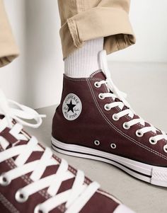 Converse Chuck Taylor All Star Fall Tone Hi sneakers in burgundy | ASOS Burgundy Lace-up Sneakers With Rubber Sole, Sporty Burgundy High-top Sneakers, Burgundy High-top Sneakers For Streetwear, Brown Converse High-top Sneakers, Red High-top Lace-up Sneakers With Rubber Toe Cap, Red Lace-up High-top Sneakers With Rubber Toe Cap, Converse Brown High-top Canvas Shoes, Brown High-top Converse Canvas Shoes, Casual Burgundy High-top Sneakers