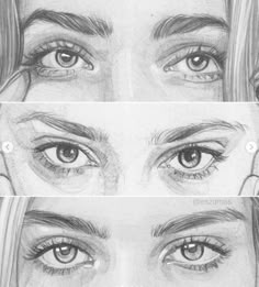 three different views of the eyes of a woman's face, with one being drawn in