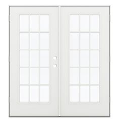 a white double door with glass panels on the front and side doors, isolated against a white background