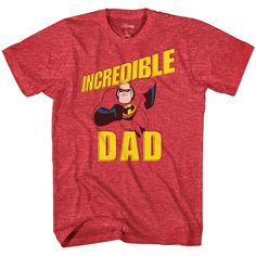 a red t - shirt with the words incredible dad printed in yellow letters on it