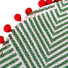 Exclusive Green & White Striped 14" Mini Tree Skirt Red Closeup Subtle Fabric, Mini Tree Skirt, Red Pom Poms, House Candle Holder, Vintage Christmas Decor, Mini Tree, Glitter Houses, Candy Cane Christmas, Vintage Inspired Decor