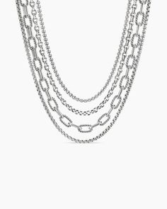 Four Row Mixed Chain Bib Necklace in Sterling Silver Elegant Multi-strand Chain Necklace With Box Chain, Elegant Multi-strand Box Chain Necklace, David Yurman Necklace, Fawn Colour, Fringed Belt, Good Luck Gifts, Chain Strap Bag, Floral Shoes, Rare Gemstones