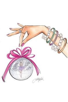 a drawing of a woman's hand reaching for a ball with a pink ribbon