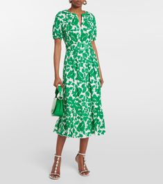 Lindy Floral Cotton Midi Dress in Green - Diane Von Furstenberg | Mytheresa Knee-length Floral Midi Dress With Fitted Waist, Cotton Floral Print Midi Dress, Elegant Cotton Floral Midi Dress, Cotton Midi Dress With Fitted Waist, Belted Knee-length Midi Dress For Garden Party, Spring Floral Belted Dress, Belted Cotton Midi Dress For Spring, Midi Length Skirts, Cotton Midi Dress