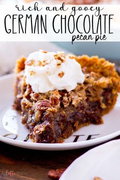 a close up of a slice of pie on a plate with whipped cream and pecans