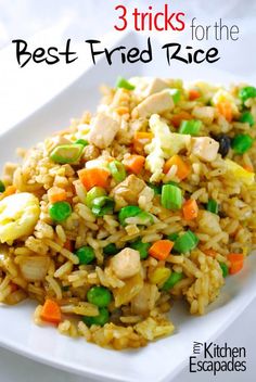 rice with peas, carrots and chicken is served on a white plate in front of the words best fried rice