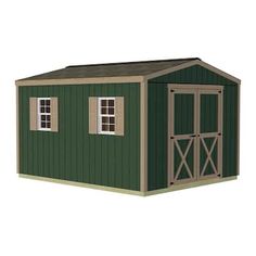 a green shed with two windows and a door on the side, sitting in front of a white background