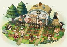 an illustrated image of people and animals in front of a small house with lots of plants