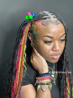 rainbow/ rainbow hair/ rainbow braids/ colorful hair/ knotless braids/ boho knotless/ bubbles/ rainbow edges/ money piece/ Black And Blonde Locs Black Women, Black And Colored Braids, Rainbow Hair Black Women, Molded Ponytail, Colored Braids Hairstyles, Colored Braided Hairstyles, Braided Hairstyles On Natural Hair, Fast Braided Hairstyles Black, Colorful Braids For Black Women