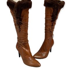 Condition: 90s Vintage - Never Worn Brand: Nine West Material: Leather Color: Brown Style: Knee High Heel Boots