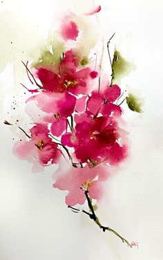 watercolor painting of pink flowers on white paper