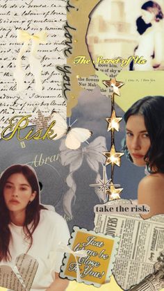 an altered collage with pictures and words on it's side, including two women