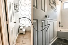 before and after photos of a bathroom remodel with white walls, tile flooring and gray doors