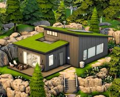 an artist's rendering of a small house in the middle of some rocks and trees