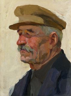 an old man with a hat on is looking off to the side in this painting