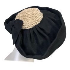 1940s Black Felt & Cream Crochet Halo Crown Hat w Broad Front Brim: Lushly pleated wool felt brim is shallow at back with a felt bow in center. Crown is a hand-crocheted, shallow beanie style, meant to be secured at a jaunty angle with pins and/or combs. One size fits all. Halo Crown, Crown Hat, Felt Bows, Beanie Style, Black Felt, Hand Crochet, Wool Felt, One Size Fits All, Halo