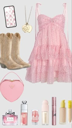 a pink dress and accessories are arranged on a gray background, including boots, lipstick, perfume bottle, purse, wallet, phone case, card holder