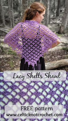 a woman is wearing a lacy shawl in purple and white, with the words lacy shells shawl over her shoulders