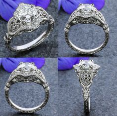 four different views of an antique style engagement ring