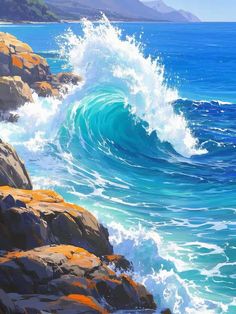 an oil painting of waves crashing on the rocks