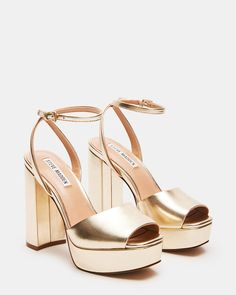 LOURDES Champagne Platform Heel | Women's Heels – Steve Madden Hoco Shoes, Tie Heels, Snake Heels, Size 11 Women Shoes, Steve Madden Store, Strappy High Heels, Platform Block Heels, Snakeskin Heels, Metallic Heels