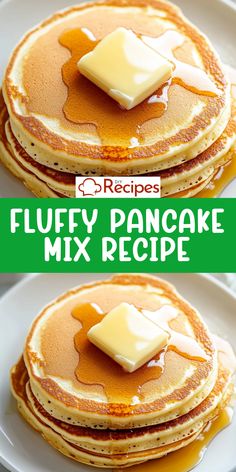 fluffy pancake mix recipe with butter on top and syrup on the side for toppings