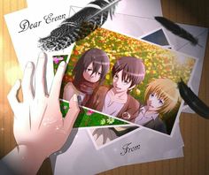 two anime characters are shown in front of some pictures and a feather on the table