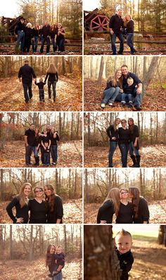 a collage of photos with people posing for pictures in the woods and on the ground