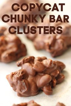 chocolate chippy cat chunky bar clusters on a white surface with text overlay that reads copycat chunky bar clusters