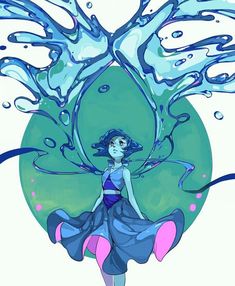 a drawing of a woman with blue hair and flowing water on her face, standing in front of a green background