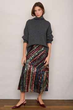 Carrie Sequin Skirt - Stripe Multi – WYSE London Full Look, Comfortable Flats, Instagram Life, Faux Leather Skirt, Stripe Skirt, Fashion Books, Black Polka Dot, Kitten Heel, British Indian