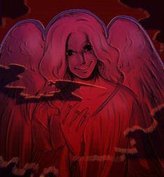 a drawing of a woman with pink hair and angel wings