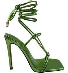 **FINAL SALE - NO EXCHANGES OR RETURNS** Our Drew heeled strappy sandals will make all your friends green with envy! These metallic green strappy sandals are going to make you shine this Summer season! These shoes include a Stiletto heel, single sole, and cord wrap to give you the option to style in as many ways as you want! Perfect for a minimalist glam look and dressing up for a date night! Green High Heel Sandals For Summer, Summer Green High Heel Sandals, Green Lace-up Sandals With Wrapped Heel, Green High Heel Party Sandals, Green High Heel Sandals For Party, Green High Heel Sandals For Spring, Green High Heel Sandals With Wrapped Heel, Green Adjustable Strappy Sandals, Adjustable Green Strappy Sandals