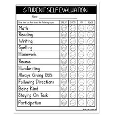 a student's self evaluation sheet with the words and numbers for each individual subject